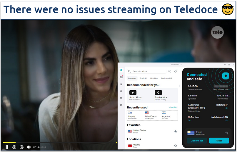 Screenshot showing a TV show playing on Teledoce with Surfshark connected to a Uruguay server