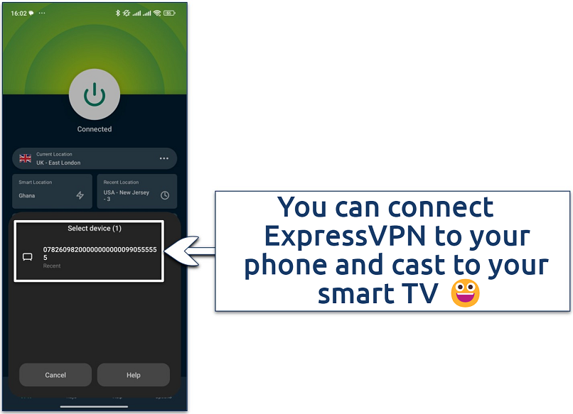 Screenshot showing ExpressVPN's mobile app with the option to cast mobile screen to smart TV