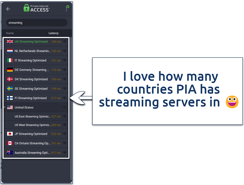 Screenshot of the PIA app showing its streaming servers