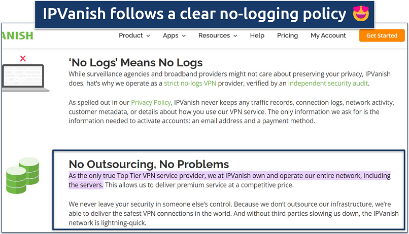 A screenshot showing IPVanish's no-logging policy