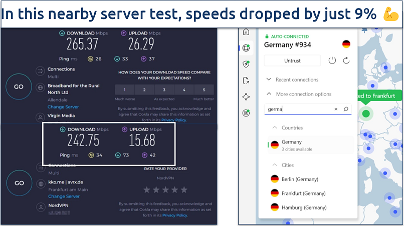 A screenshot of Ookla speed tests done while connected to NordVPN's Germany server and with no VPN connected