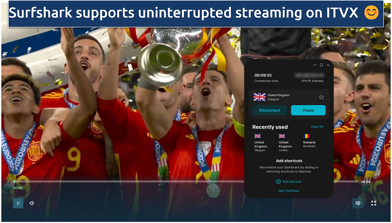 A screenshot of ITVX streaming the Euros 2024 final: Spain vs. England while connected to Surfshark's UK server.