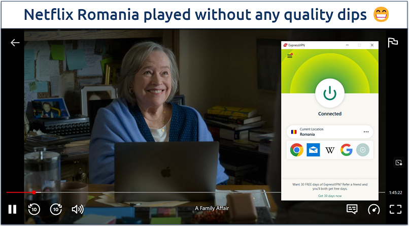 A screenshot of Netflix Romania streaming A Family Affair while connected to ExpressVPN's Romania server