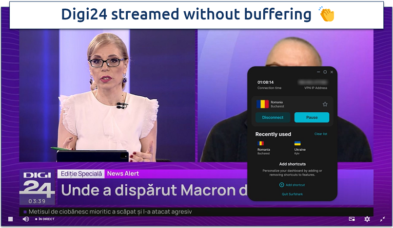 A screenshot showing streaming Digi24 while connected to Surfshark's Romania server