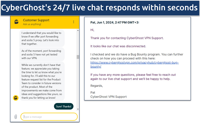 Screenshot of a chat with CyberGhost's customer support