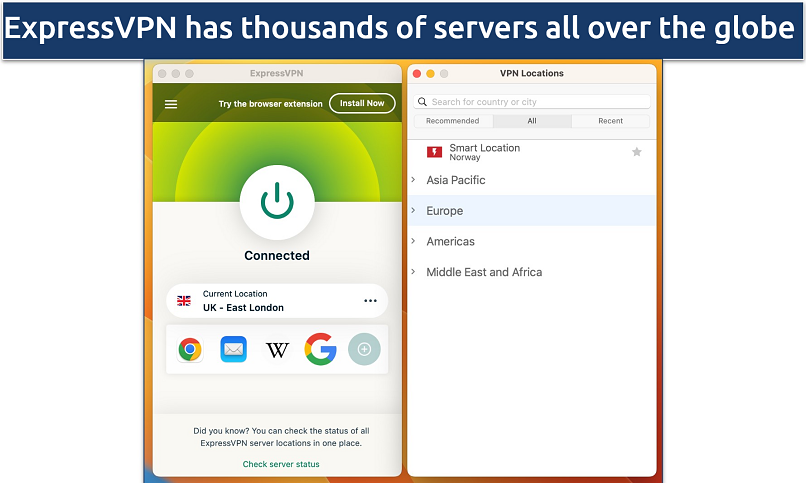 Screenshot of the server locations in the ExpressVPN app