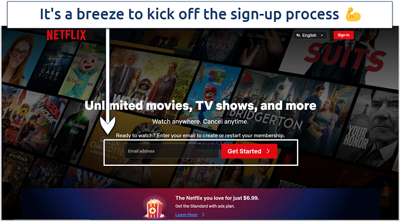 A screenshot showing how easy it is to get started with creating a Netflix account
