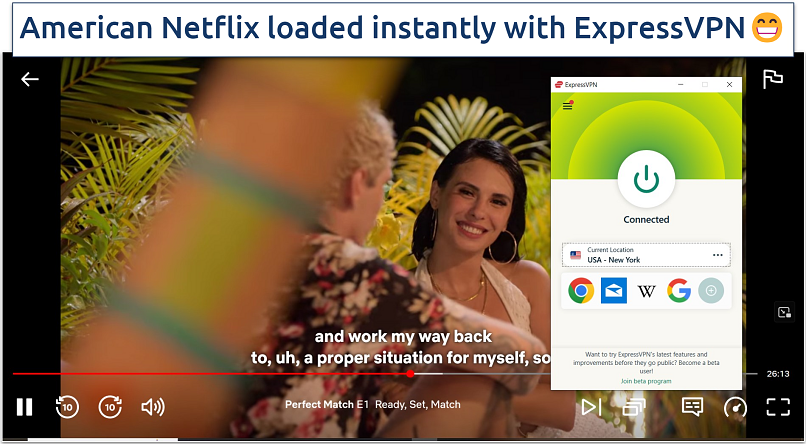A screenshot of Netflix US streaming Perfect Match while connected to ExpressVPN's US server