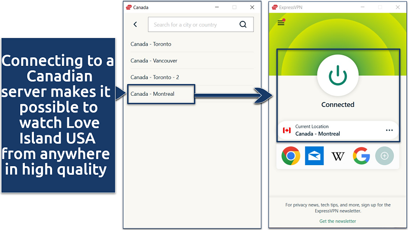 A screenshot showing that ExpressVPN has multiple Canadian servers and that it's easy to connect to one