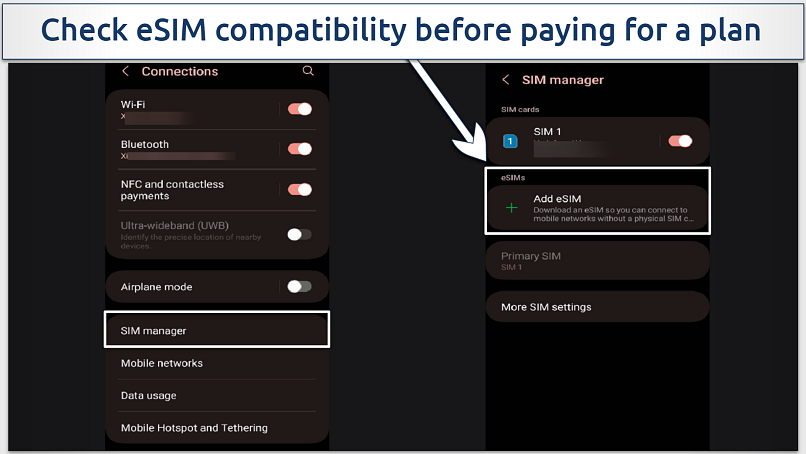 Screenshot showing Android eSIM compatibility in settings