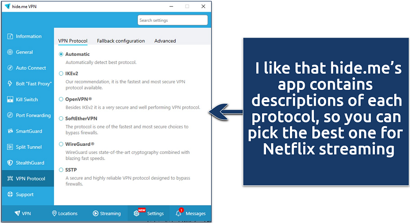 Screenshot of the protocol settings in the hide.me windows app