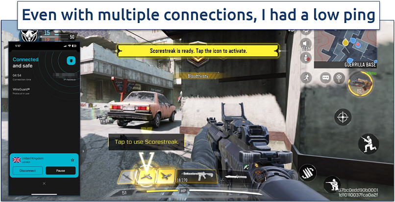Screenshot of CODM gameplay with Surfshark connection