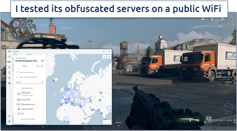 Screenshot of COD gameplay with NordVPN connected