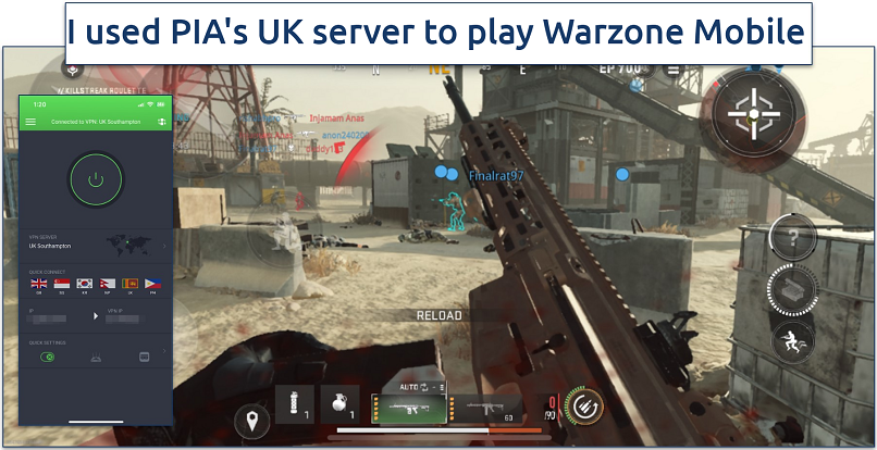 Screenshot of Warzone gameplay with PIA connected