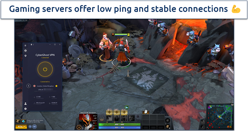 Screenshot of Dota 2 gameplay with CyberGhost connected