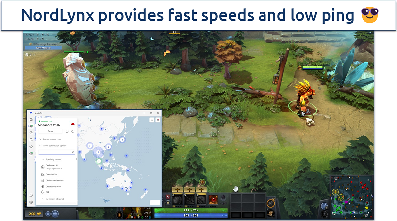 Screenshot of Dota 2 gameplay with NordVPN connected