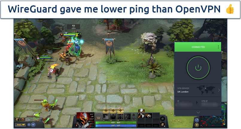 Screenshot of Dota 2 gameplay with PIA connected