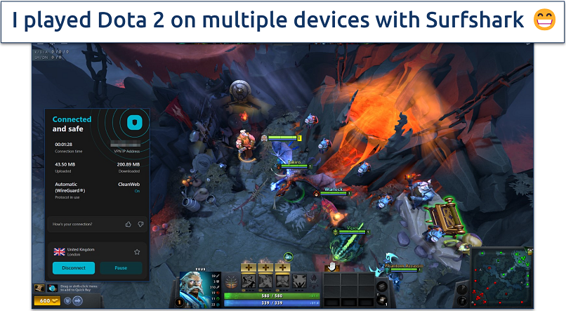 Screenshot of Dota 2 gameplay with Surfshark connected