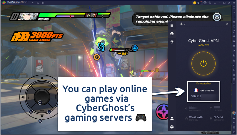 A screenshot showing Zenless Zone Zero on BlueStacks with CyberGhost