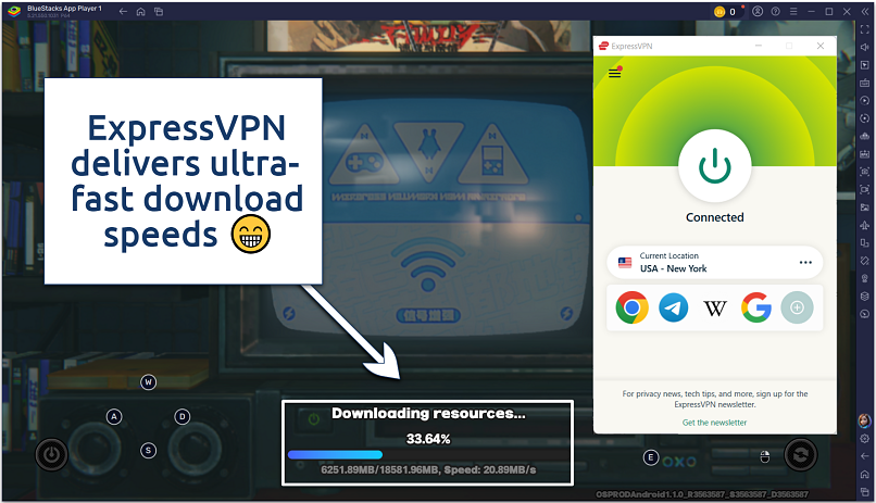 A screenshot of BlueStacks game ZZZ downloading via ExpressVPN NY server