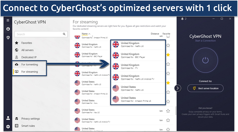 Screenshot of CyberGhost's Windows app showing dedicated servers