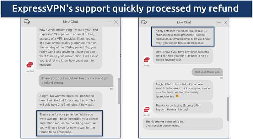 Screenshot of a conversation with ExpressVPN's live chat while requesting a refund