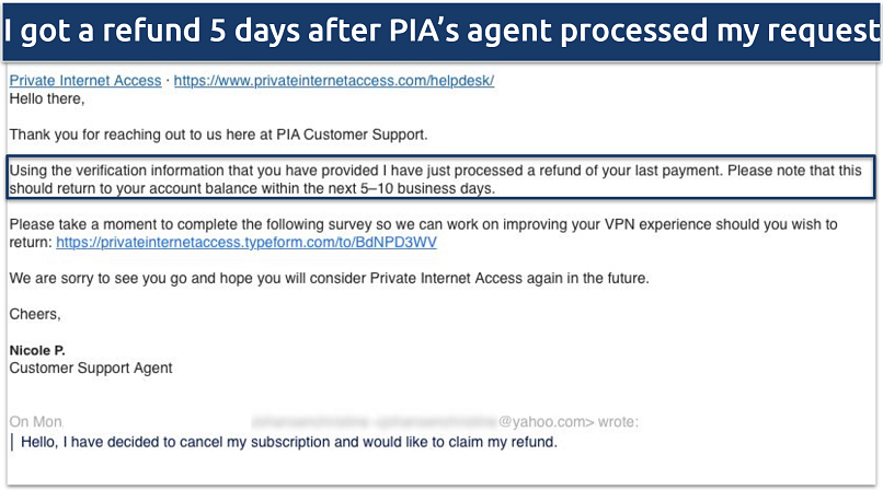 Screeshot of the confirmation email after a refund request with Private Internet Access