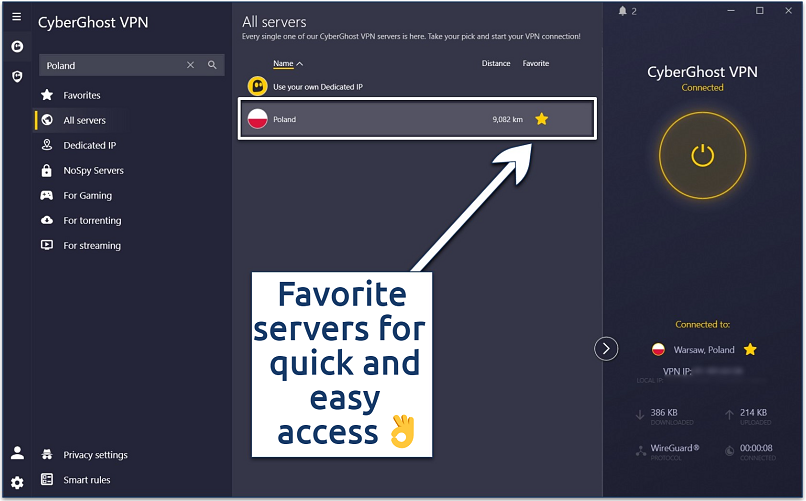 Screenshot of the CyberGhost Windows app with the ability to favorite servers marked