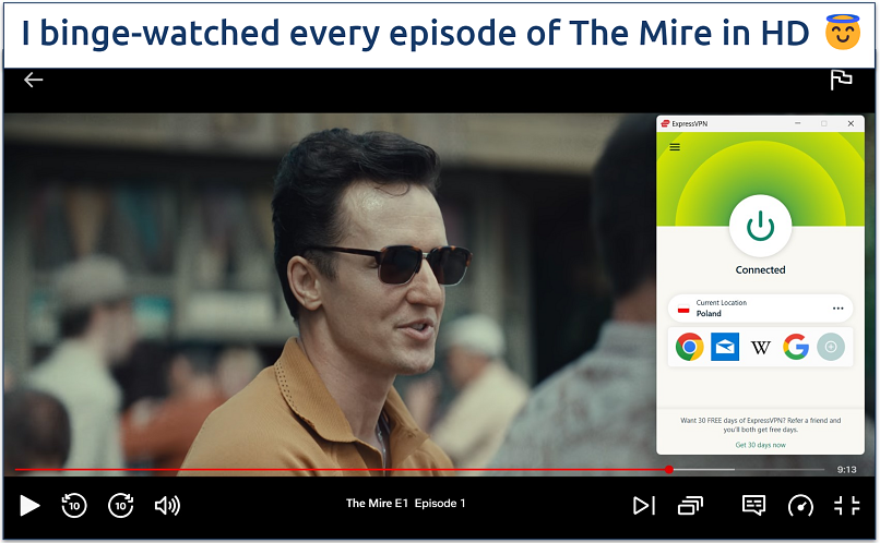 Screenshot of streaming The Mire on Netflix while connected to ExpressVPN's Poland server