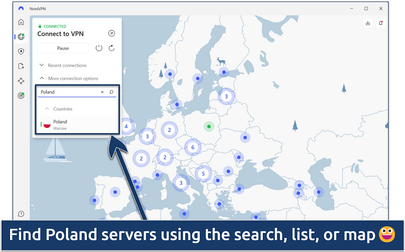 Screenshot of the NordVPN Windows app with its interactive map interface and Polish server location