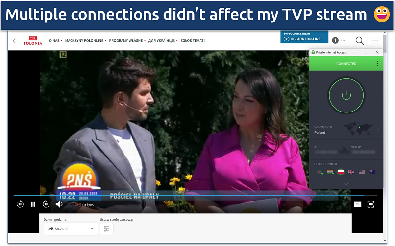 Screenshot of streaming live TV on TVP Polonia while connected to PIA's Poland server