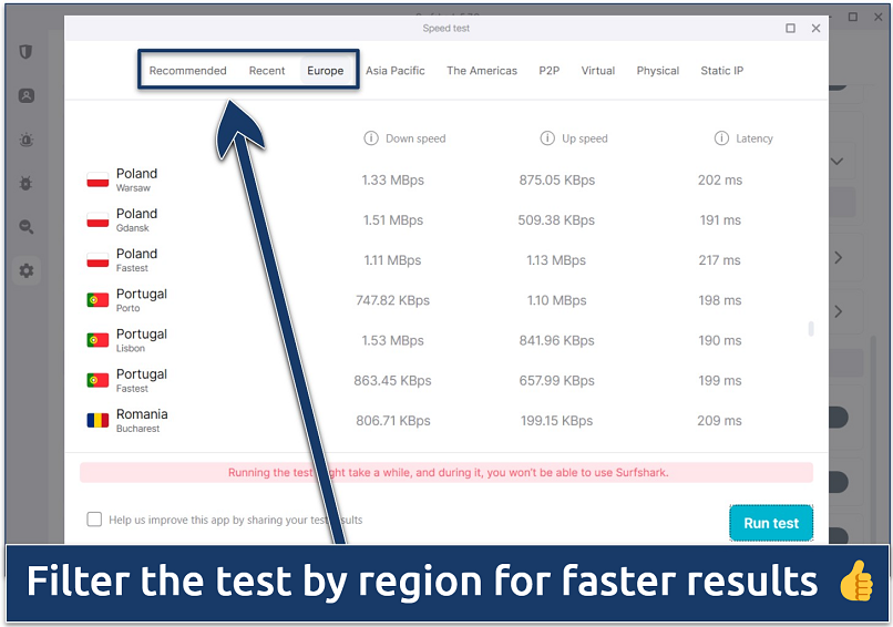 Screenshot of the Surfshark Windows app with the speed test results for its Polish servers