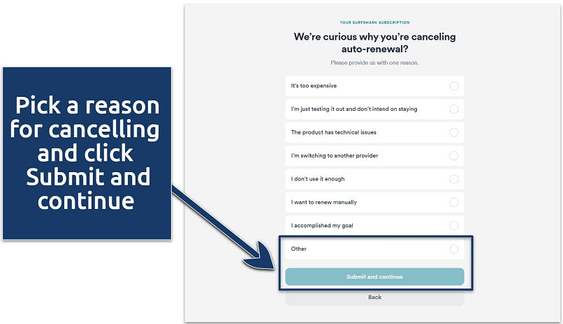 Screenshot showing reasons for cancelling Surfshark