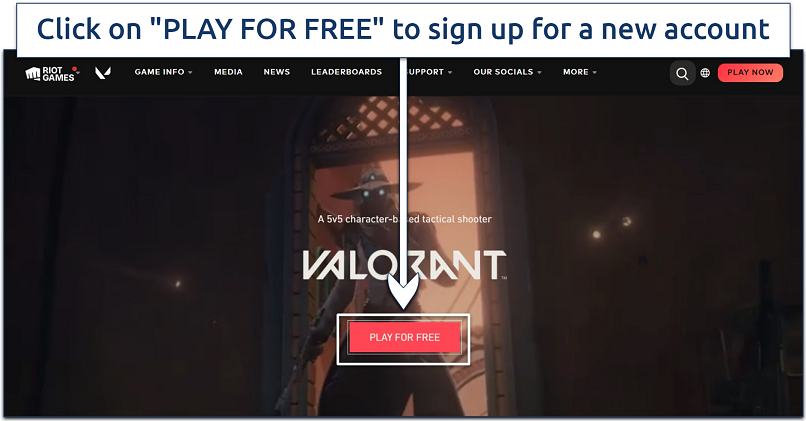 A screenshot showing the PLAY FOR FREE button on Valorant's website