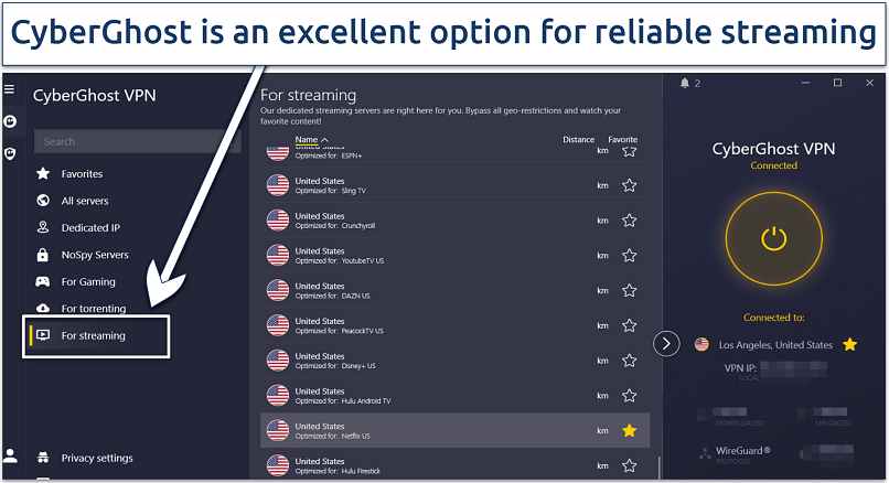 Screenshot showing CyberGhost streaming servers