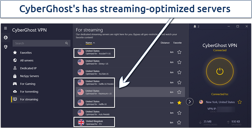 Screenshot showing CyberGhost's dedicated streaming locations