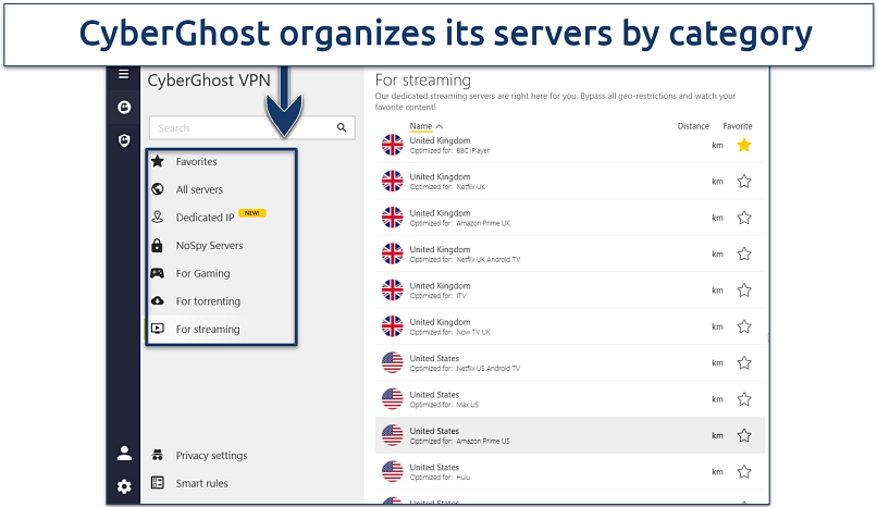 Screenshot of CyberGhost's activity-specific servers