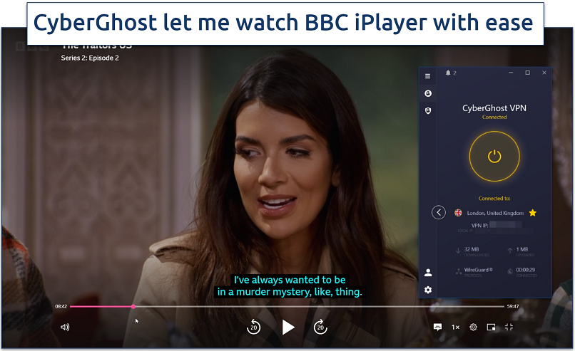 Screenshot of The Traitors streaming on BBC iPlayer with CyberGhost connected