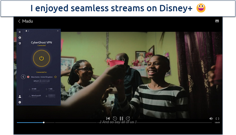 Screenshot of Mado streaming on Disney+ with CyberGhost connected