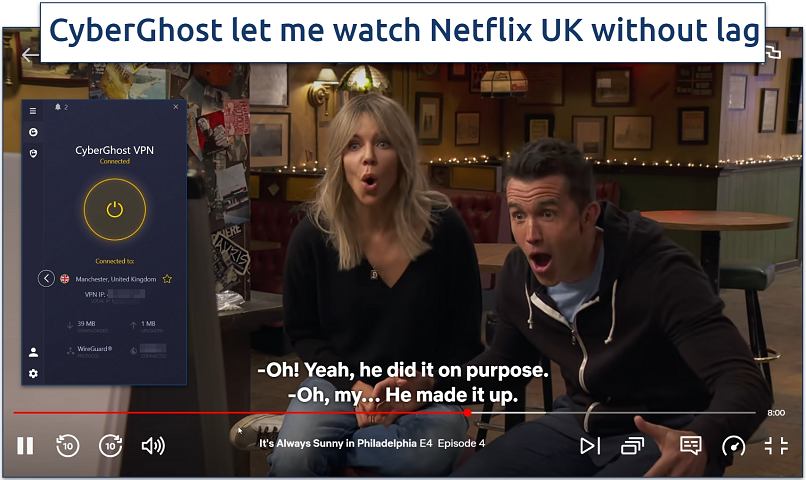 screenshot of Netflix streaming with CyberGhost connected