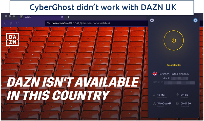 A screenshot showing CyberGhost blocked by DAZN UK while connected to a UK server