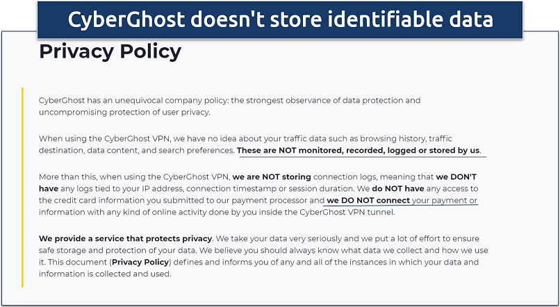 Screenshot of CyberGhost's privacy policy