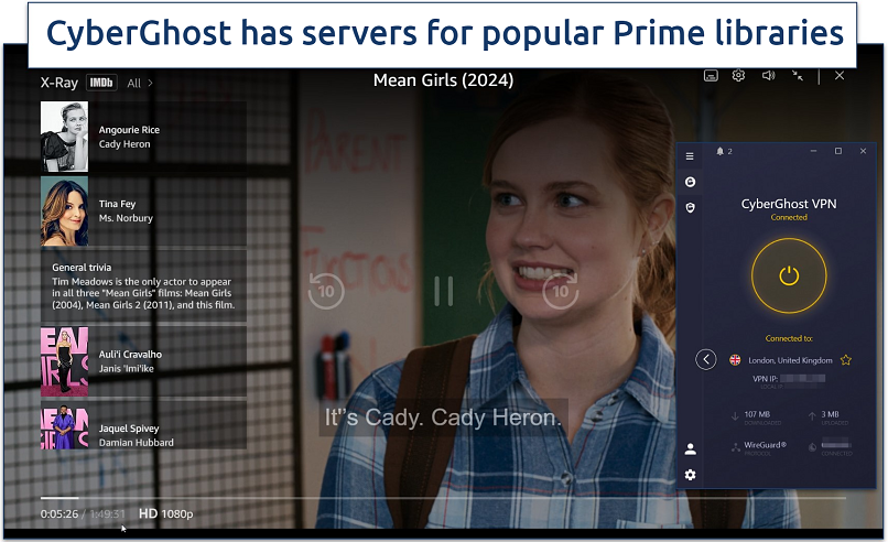 Screenshot of Prime VIdeo streaming with CyberGhost connected