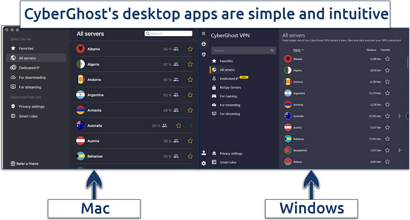 Screenshot of CyberGhost's desktop apps