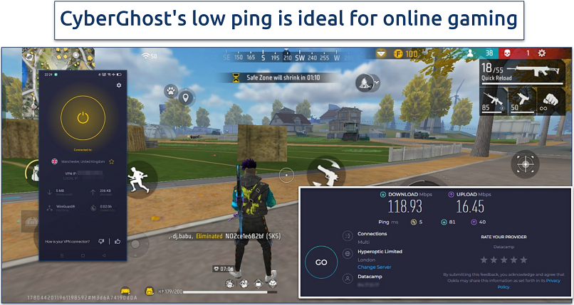Screenshot of Free Fire gameplay with CyberGhost connected