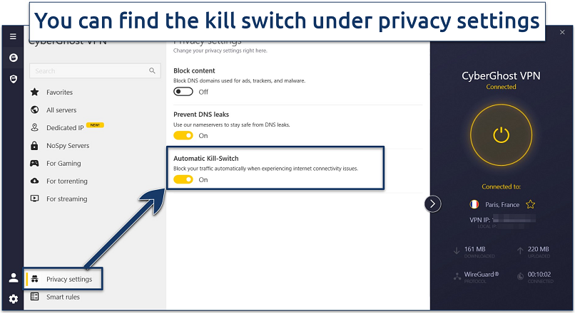 Screenshot showing how to enable CyberGhost's kill switch on Windows