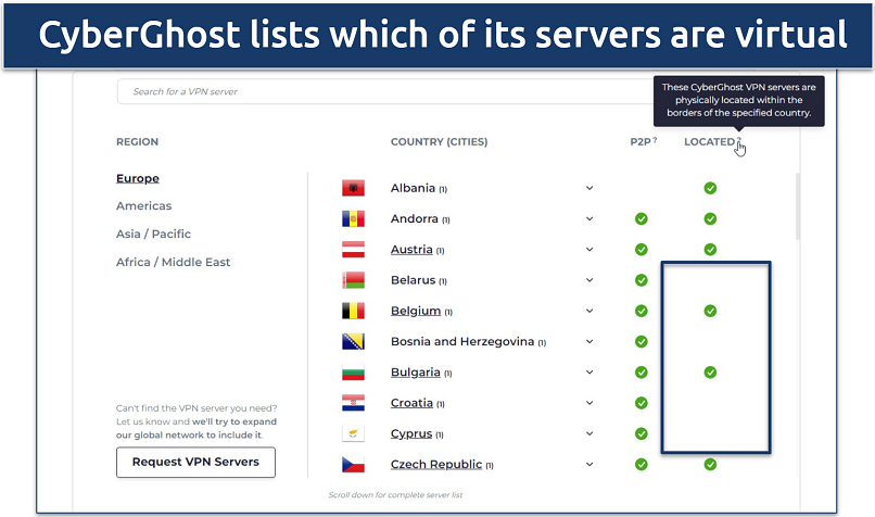 Screenshot of CyberGhost's virtual and physical servers list