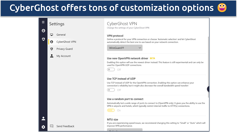 Screenshot showing CyberGhost's Windows UI and displaying the CyberGhost VPN Settings options