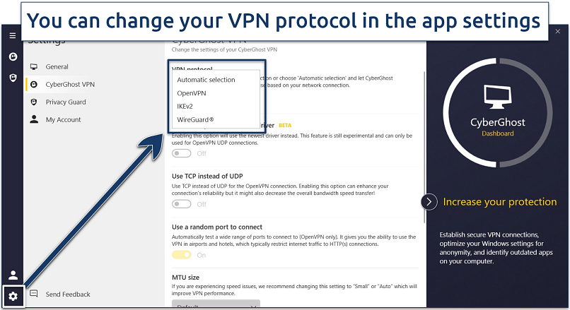 Screenshot showing how to change VPN protocol