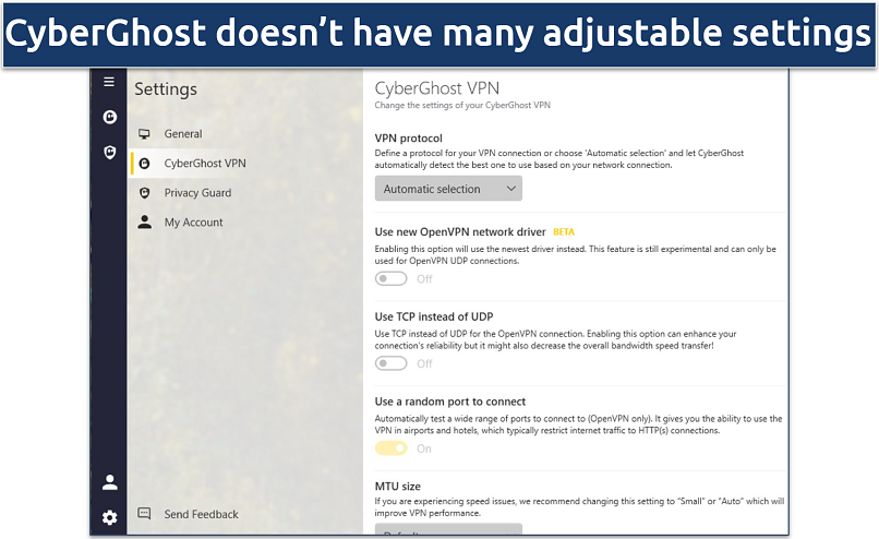 Screenshot of CyberGhost's settings menu
